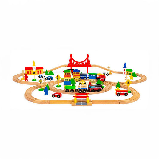 ECOTOYS medinis traukinių rinkinys – 90 detalių