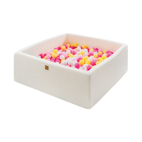 MeowBaby® baltas „bouclé“ kvadratinis kamuoliukų baseinas 110 × 110 × 40 cm su 400 kamuoliukų