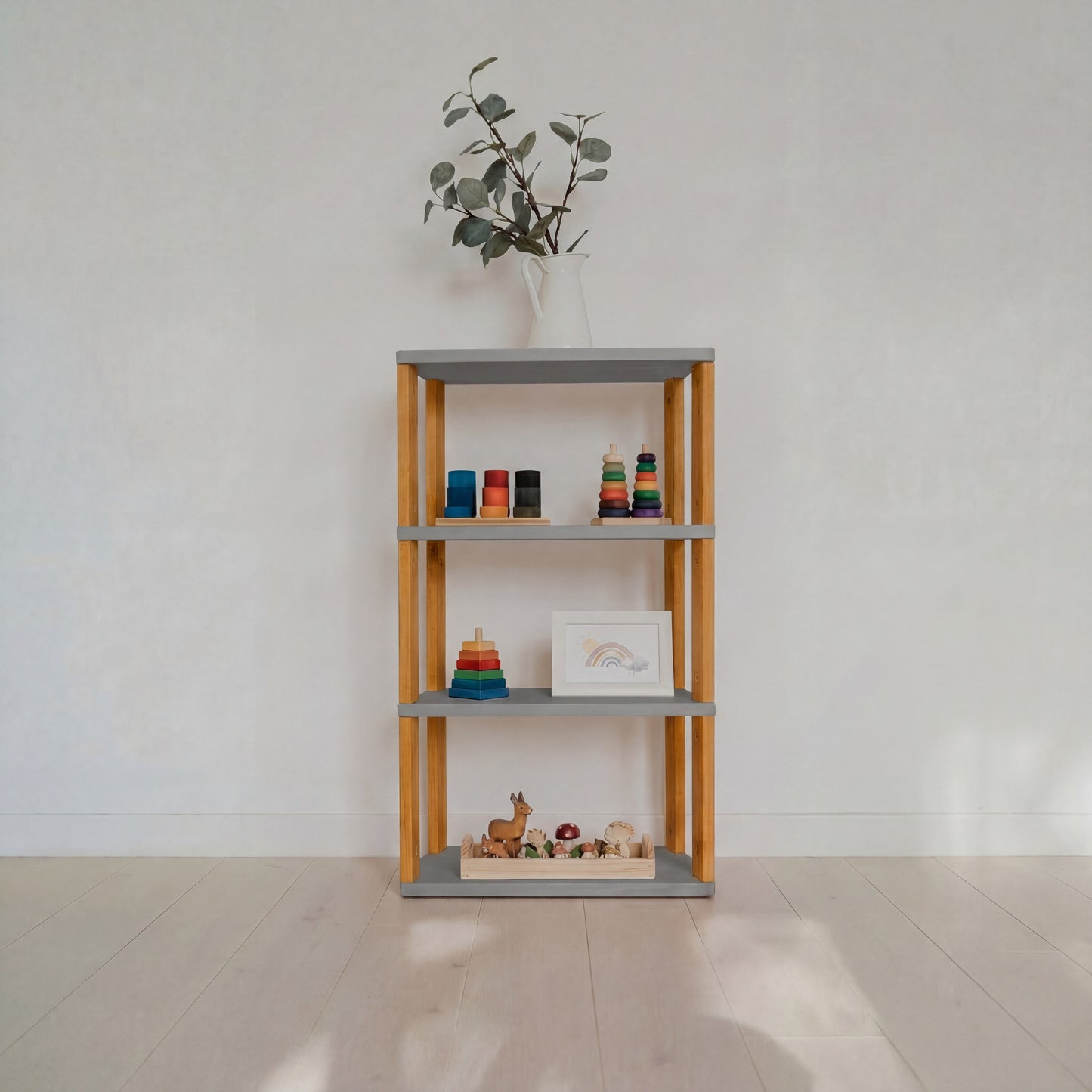 Modular Montessori Shelf Straight Mini - 4 Shelves - Light grey/brownish oil