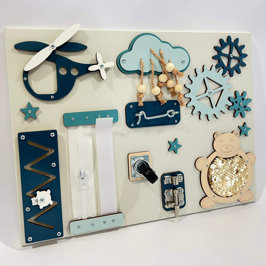 BusyBunnyToys nešiojama sensorinė veiklos lenta kūdikiui 30 × 40 cm