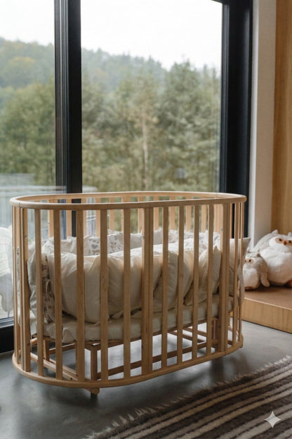 Round Baby Crib OLIN with Mattress - Natural