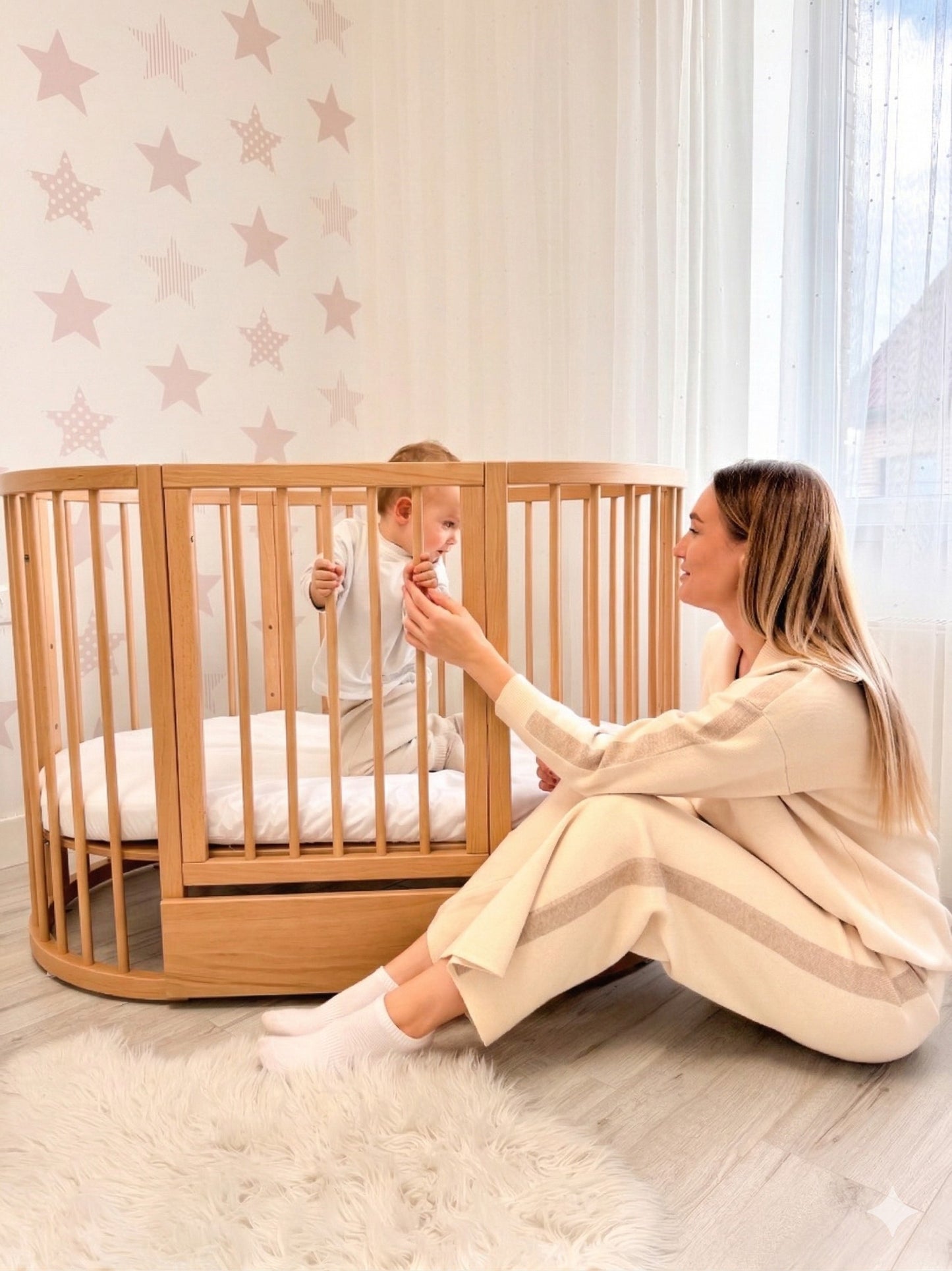 Round Baby Crib OLIN with Mattress - Natural