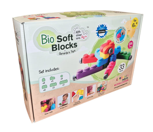 Gerardo's Toys minkštų kaladėlių su ratukais rinkinys – 33 vnt.