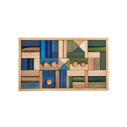 Wooden Story medinių kaladėlių rinkinys dėžutėje – šaltų spalvų, 54 vnt.