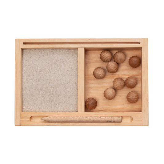 Wooden Story maža Montessori smėlio rašymo lentelė su skirtuku ir kortelių laikikliu